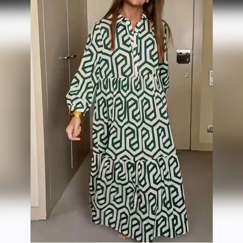 Green White Ecru Geometric Print Shirt Tunic Karen Maxi Dress 3XL - Picture 5 of 5